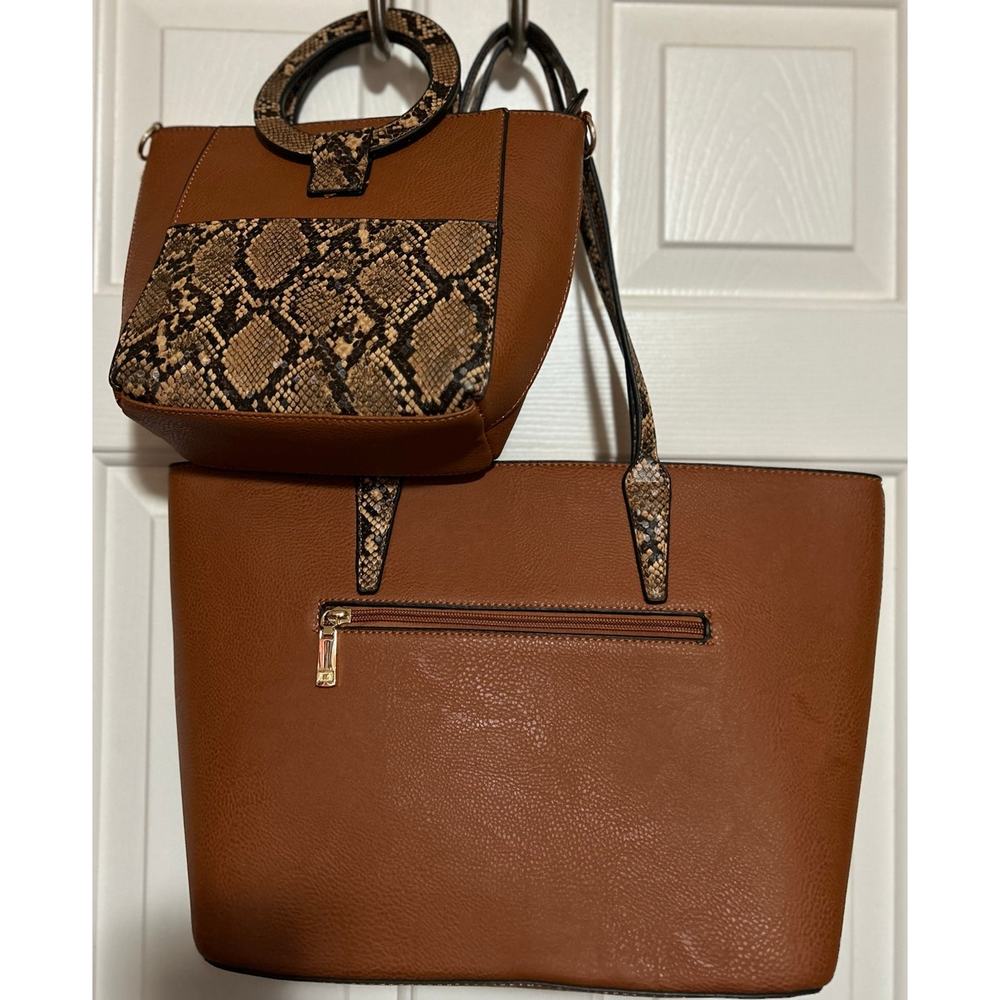 Women’s Light Brown Tote and Smaller Handbag Set Animal Print